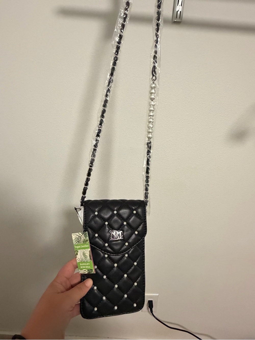 Badgley Mischka Black Quilted Crossbody Phone Bag with Pearl-Accent Strap